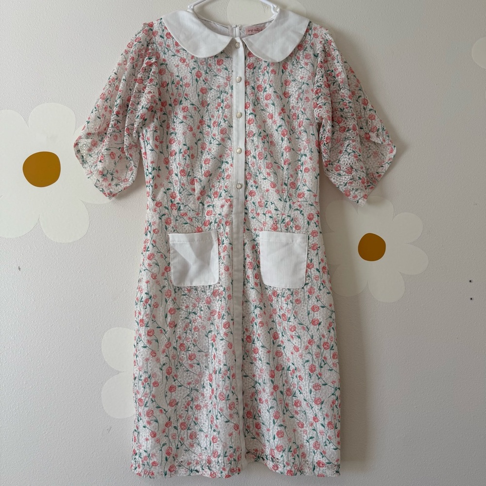 Ivy City Co. White and Pink Floral Eyelet Collared Dress - Picture 3 of 14